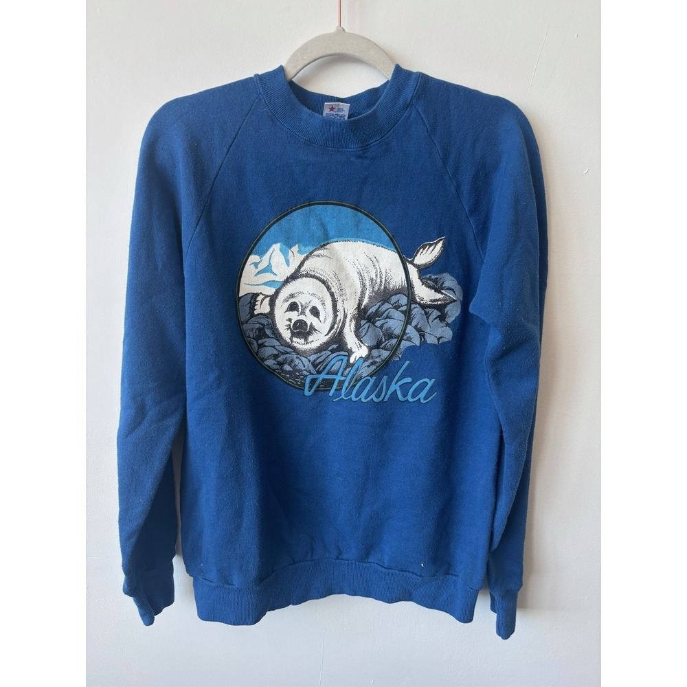 Vintage 80s Jerzees Alaska Seal Blue Tourist Sweatshirt Nature Small